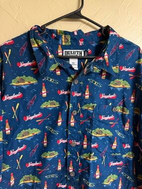 Duluth Trading Co Navy Blue Canoe & Island Print Button-Down Shirt
